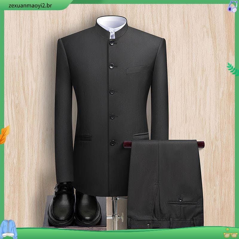 Zhongshan terno masculino juventude fino-ajuste gola alta desempenho casamento chinês estilo chinês terno jaqueta de mei