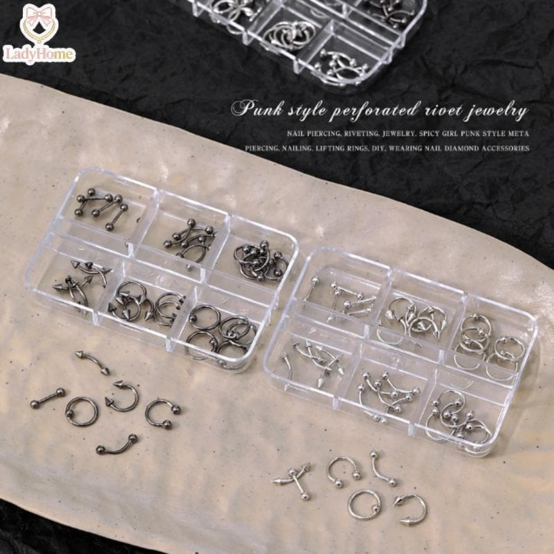 LADYH 20/30/60 Pçs Punk Metal 3D Encantos De Unhas Anel De Ponta Do Dedo Studs Bla/Prata Liga Decoração Da Arte Prego Ma