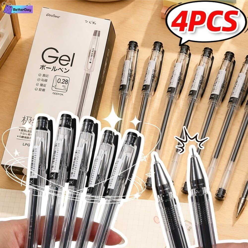 Canetas De Escrita Em Gel De Ponta Fina , 4 Unidades , 0.28 Mm , Caneta De Tinta Preta Suave Para Diária E Material Esco