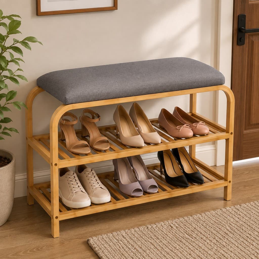 Sapateira Banco Estofado Bambu 70cm Organizador 2 Andares