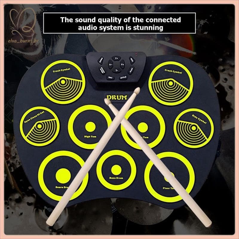 [elva_burns.br] Conjunto De Bateria Eletrônica De 9 Almofadas De Rolo Manual Suporta Jogos Instrumento Musical