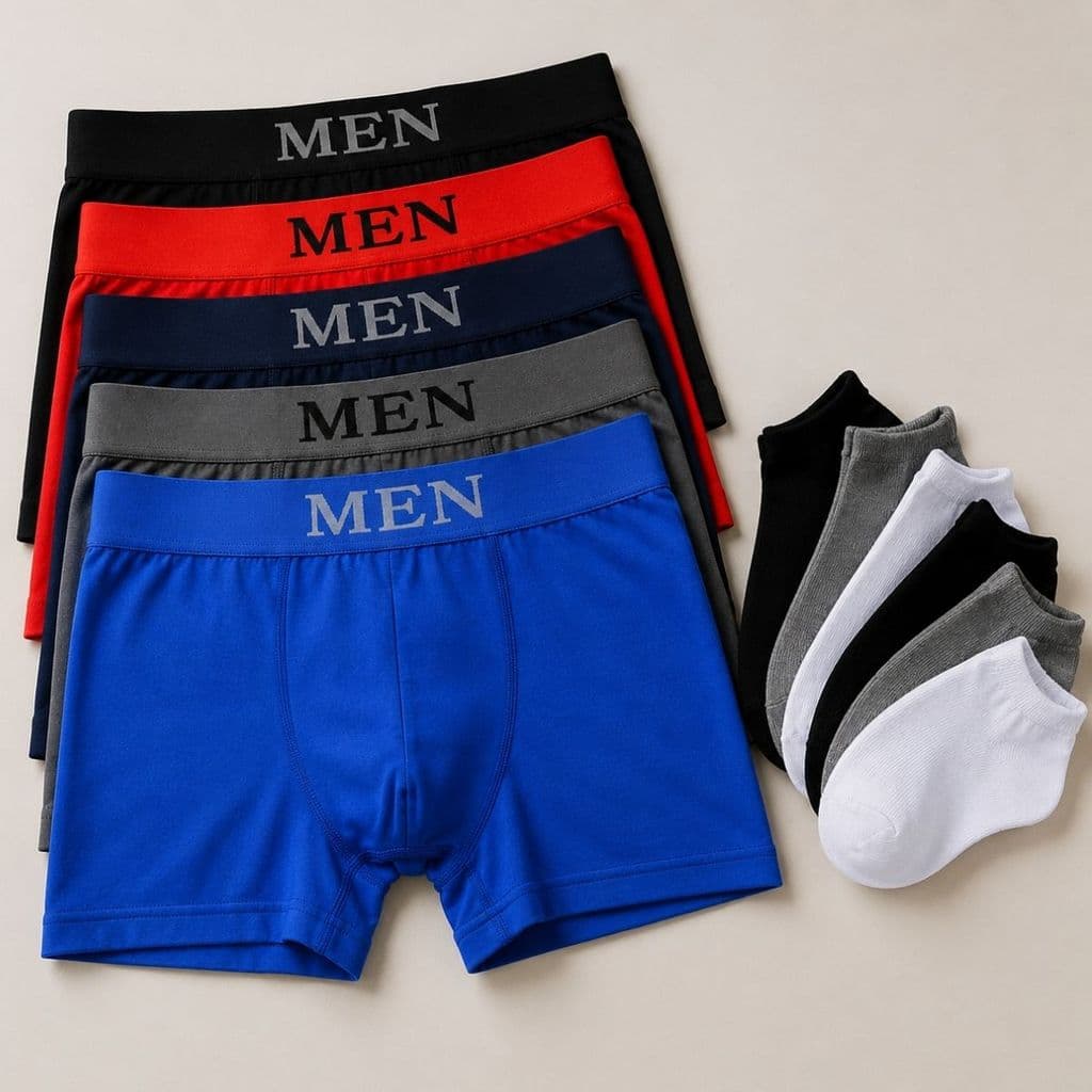 Kit 5 Cueca Boxer Masculina e 6 Pares de Meia Masculina Adulto Kit Dia dos Pais Cueca de Microfibra Box Boxer
