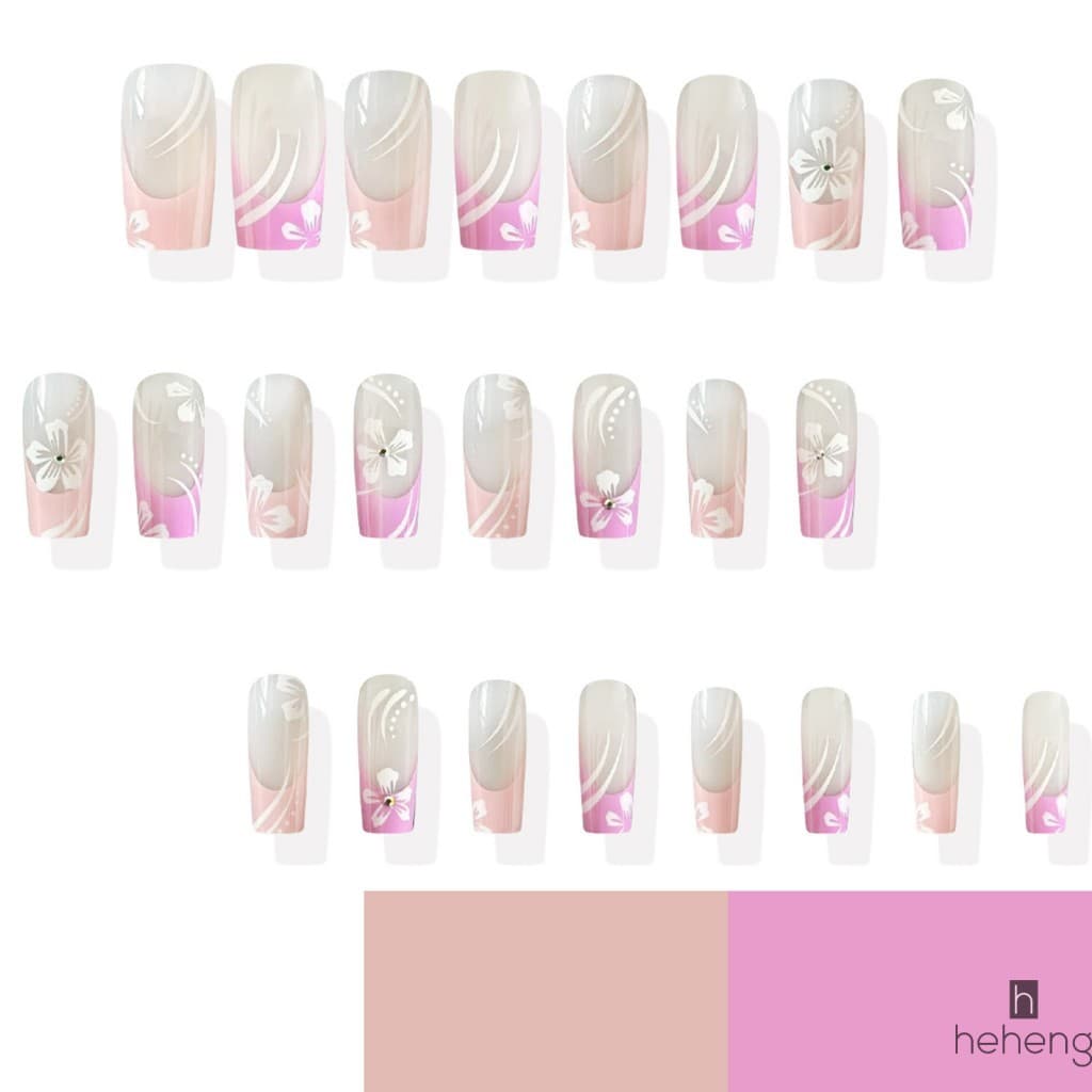 24 Pçs Flor Branca Francesa 3D Strass Unhas Falsas Conjunto Rosa Roxo Cor Shift Design Acrílico Imprensa Em Dicas De Par