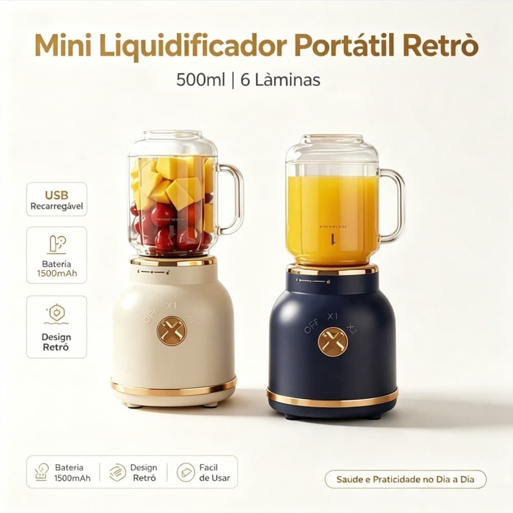 Mini Liquidificador Portátil Juicer com Copos 500ml e 450ml 10 Lâminas Tampa e Canudo Mais janoclick