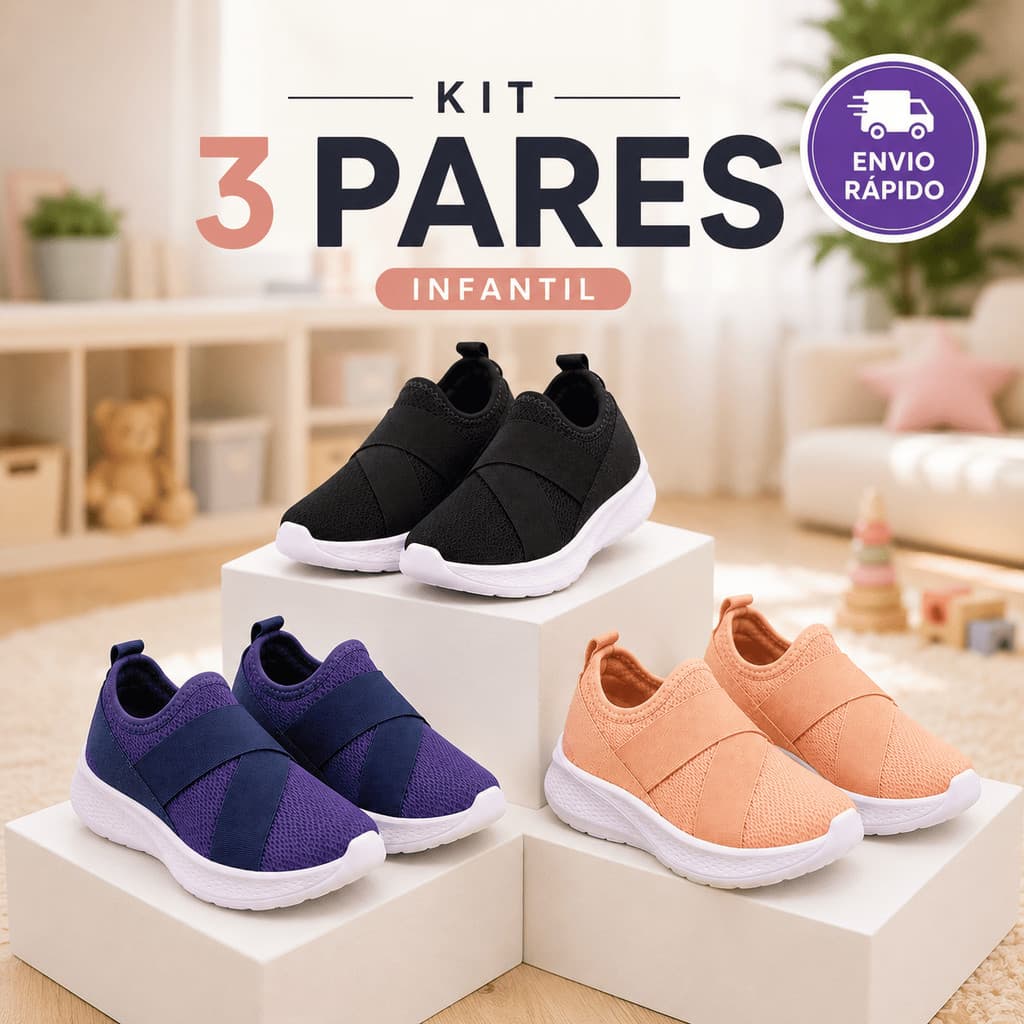 Kit 3 Pares Tênis Infantil Leve Macio Confortável Respirável Calce Fácil Escola Passeio Casual Sapato