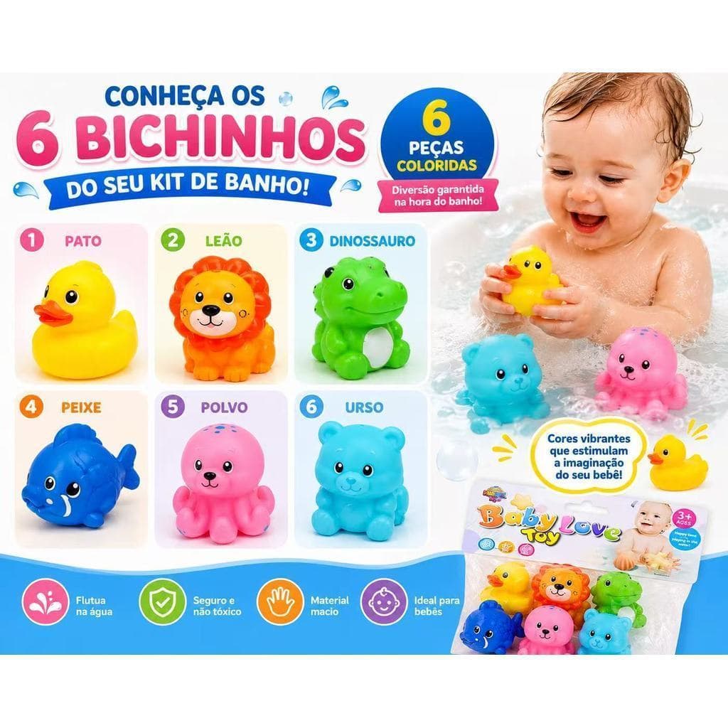 Kit Brinquedo de Banho Bebê 6 Peças Animais Coloridos Baby Toy Infantil