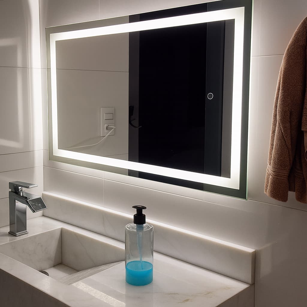 Espelho LED 80x50 Retangular Jateado Touch Decorativo Banheiro Quarto 3 Cores
