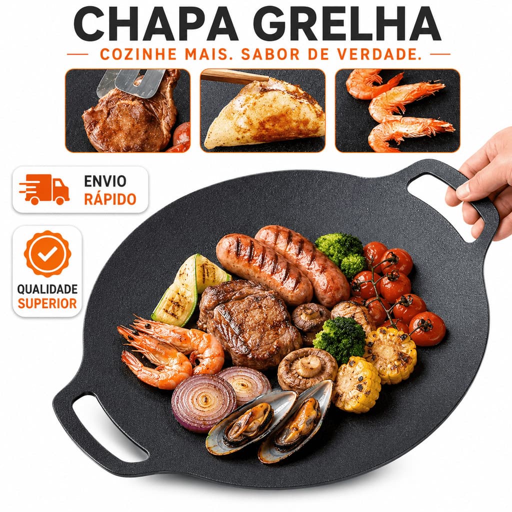 Frigideira Grill Redonda Antiaderente de Ferro – Chapa para Churrasco, Grelhar Carnes e Legumes,durável