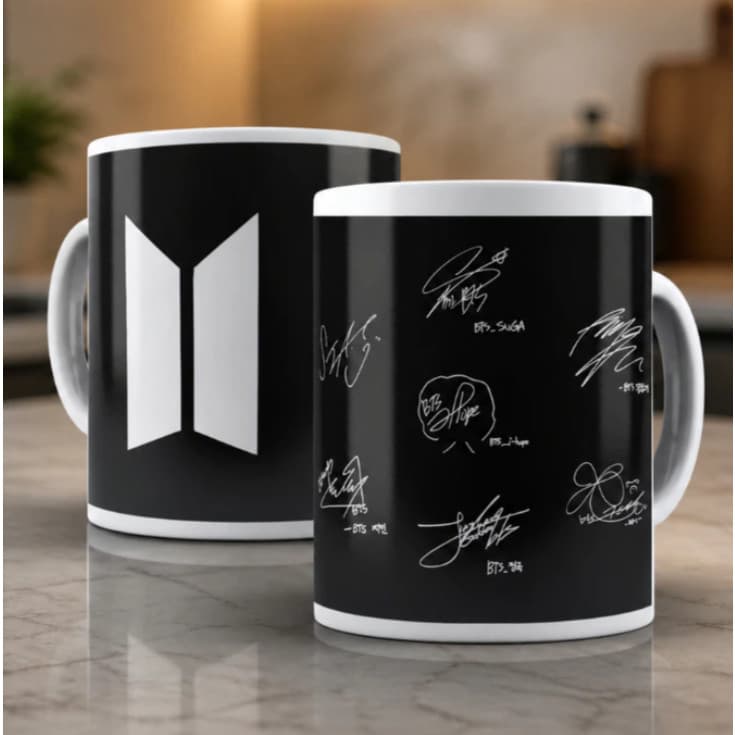 Caneca Bts Asinaturas e Logo Grupo Kpop Lançamento