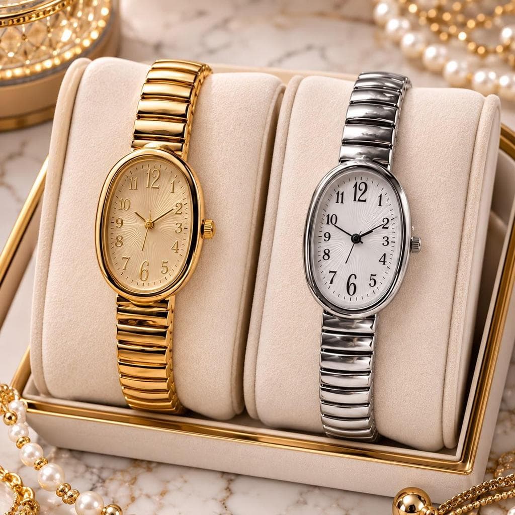 Relógio Feminino Elegante Pequeno Dourado Oval Luxo Pulseira Elástica Vintage Fashion