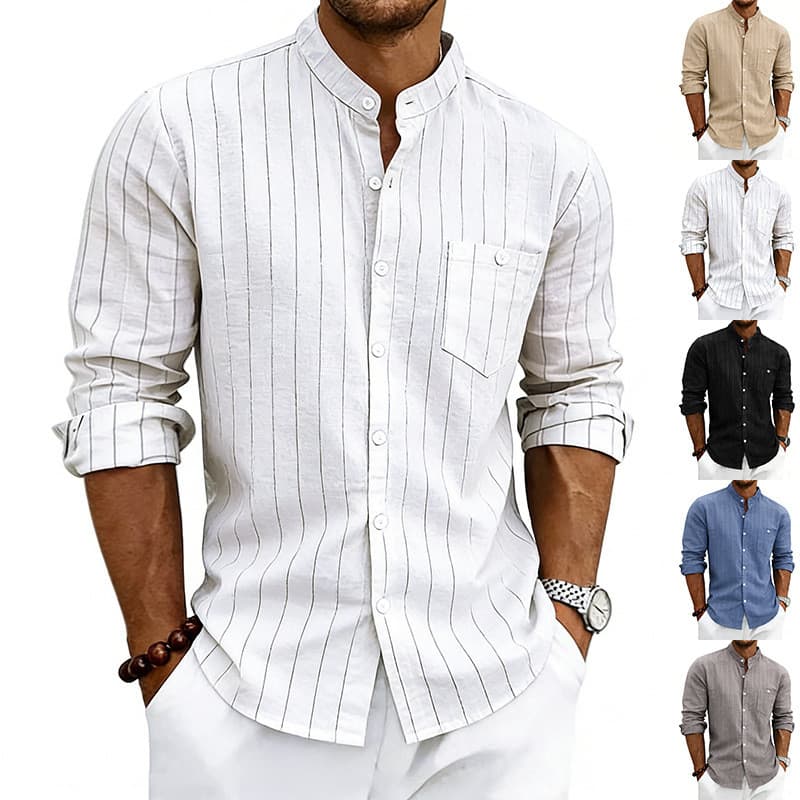Camisa masculina listrada com gola alta e manga comprida