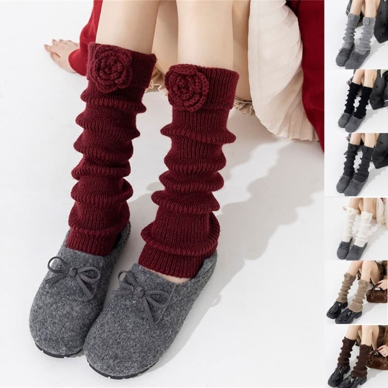 Estone Elegante Flor 3D Tricotada Aquecedor De Pernas Para Mulheres Capa Elástica Bota Meias Sem Pés
