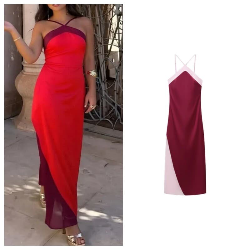 Vestido de seda reto com costura em cor contrastante