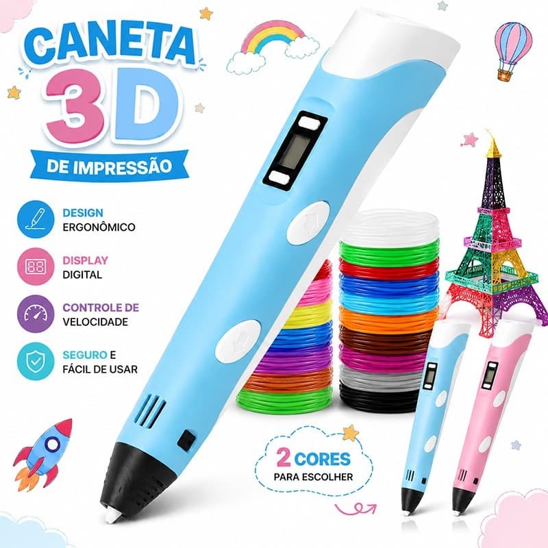 Caneta Mágica Impressão 3D Infantil com Filamento PLA 10M Tela LCD Brinquedo Educativo DIY para Crianças
