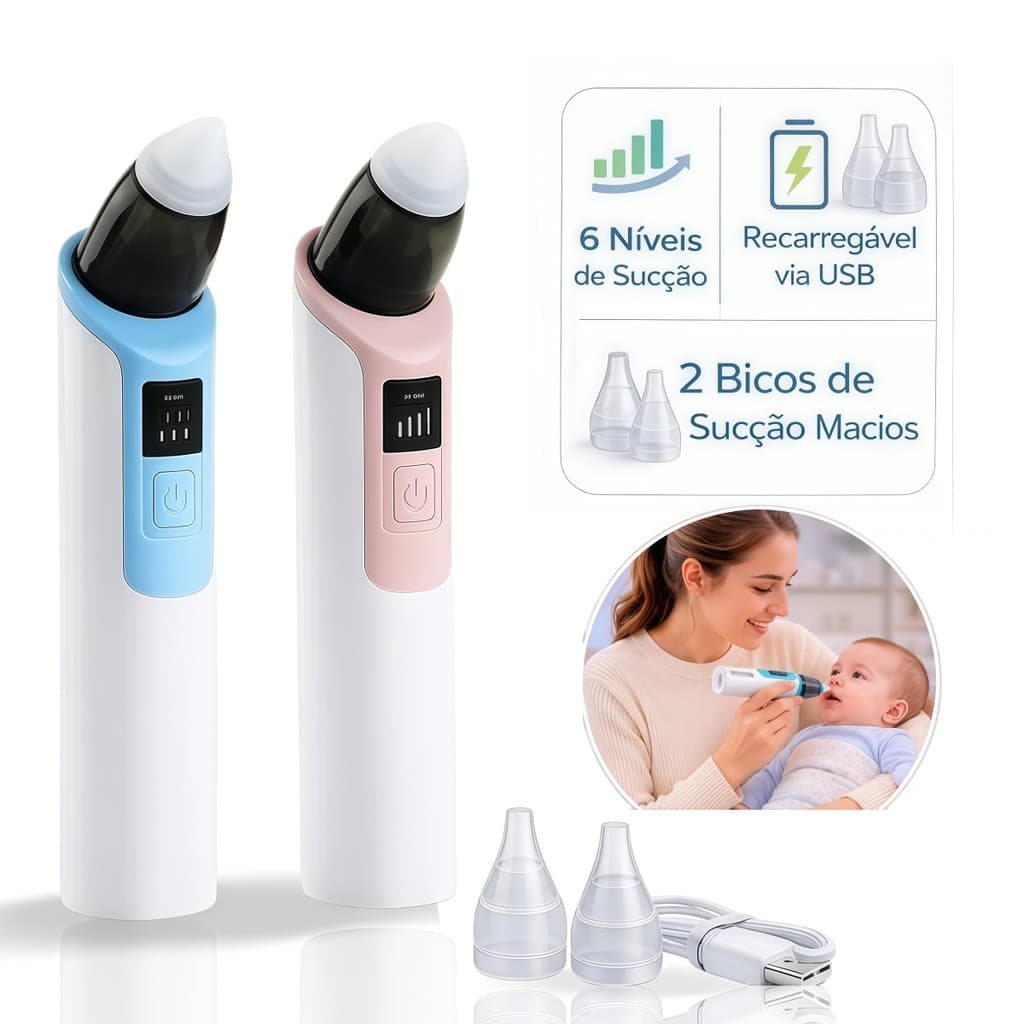 Aspirador Nasal Elétrico com Ponta de Silicone, Limpa o Nariz do Bebê com Segurança, Alívio Rápido e Suave.