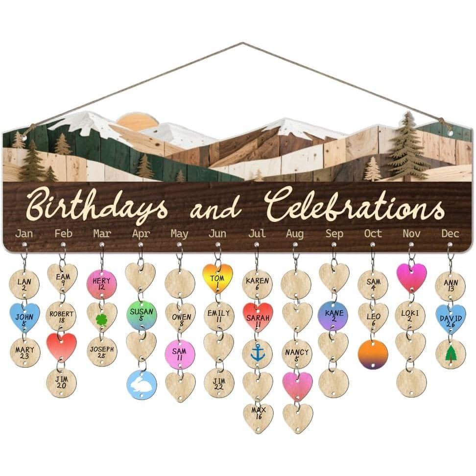 arricraft 1 Set Wooden Family Birthday Reminder Calendar Board, Mountain Pine Trees Board With 100 Pcs Tags DIY Birthday