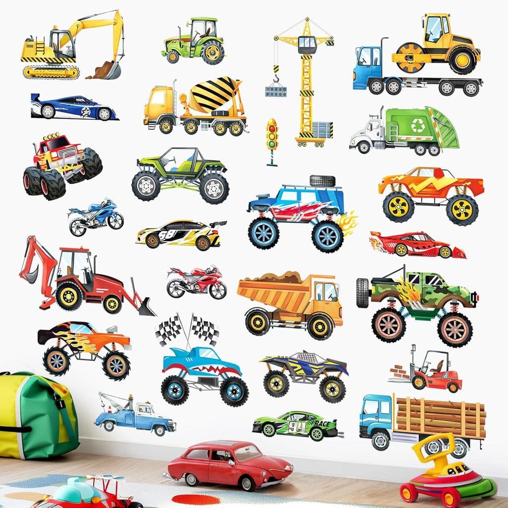 Decalques de Parede de Carros Decalmile, Adesivos de Parede de Veículos de Construção e Transporte, Carros de Corrida, D