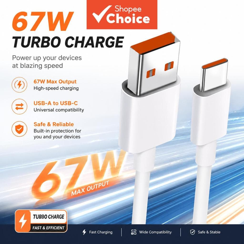 Cabo USB para Tipo-C 67W, Carregador Rápido e Cabo de Dados para Huawei e Samsung