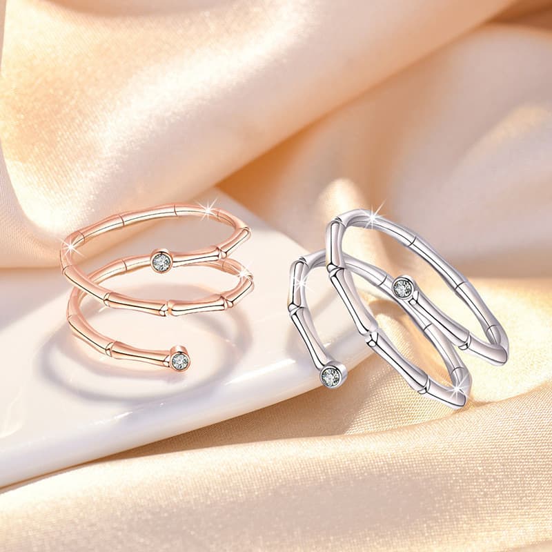 Anel feminino de bambu de camada dupla com strass microincrustado de personalidade da moda