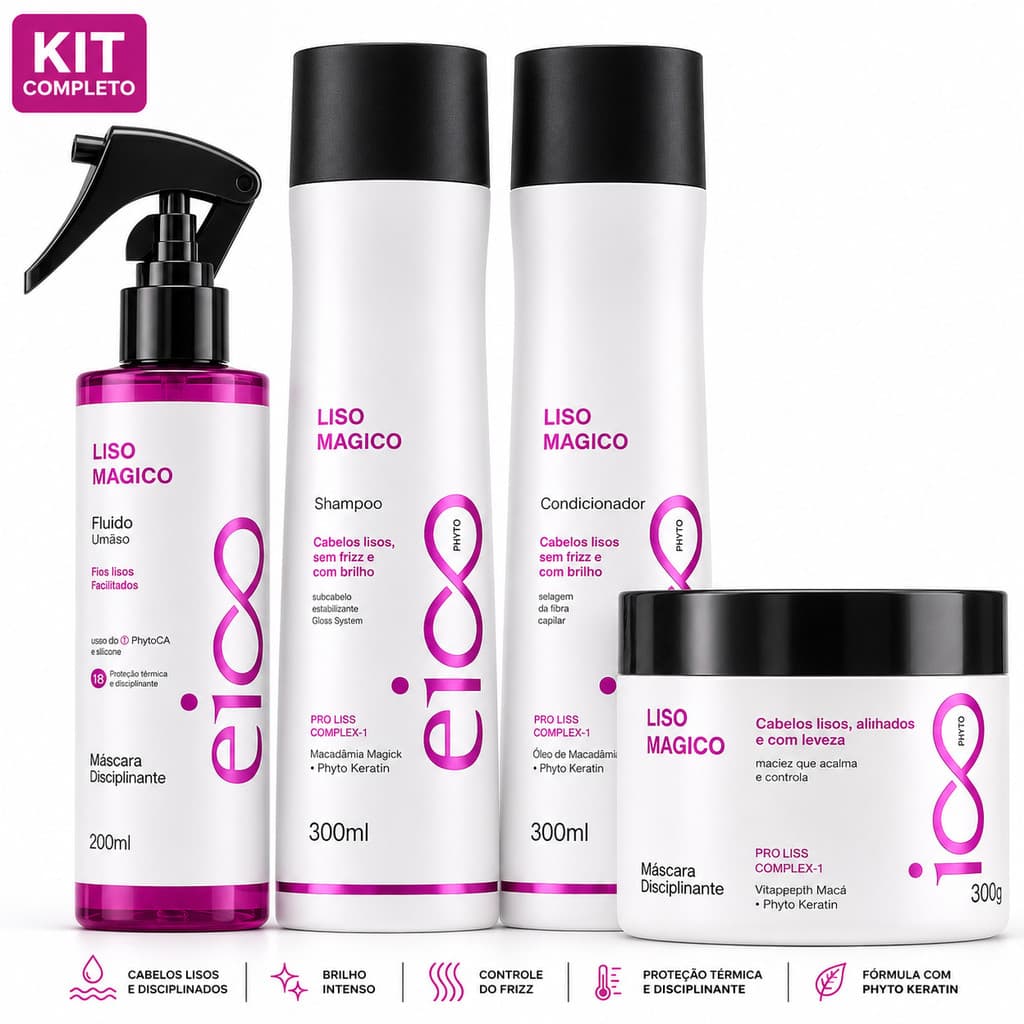 KIT Eico Pro Liso Mágico Shampoo e Condicionador Máscara de Hidratação Spray de Cabelo Protetor Termico Cabelo