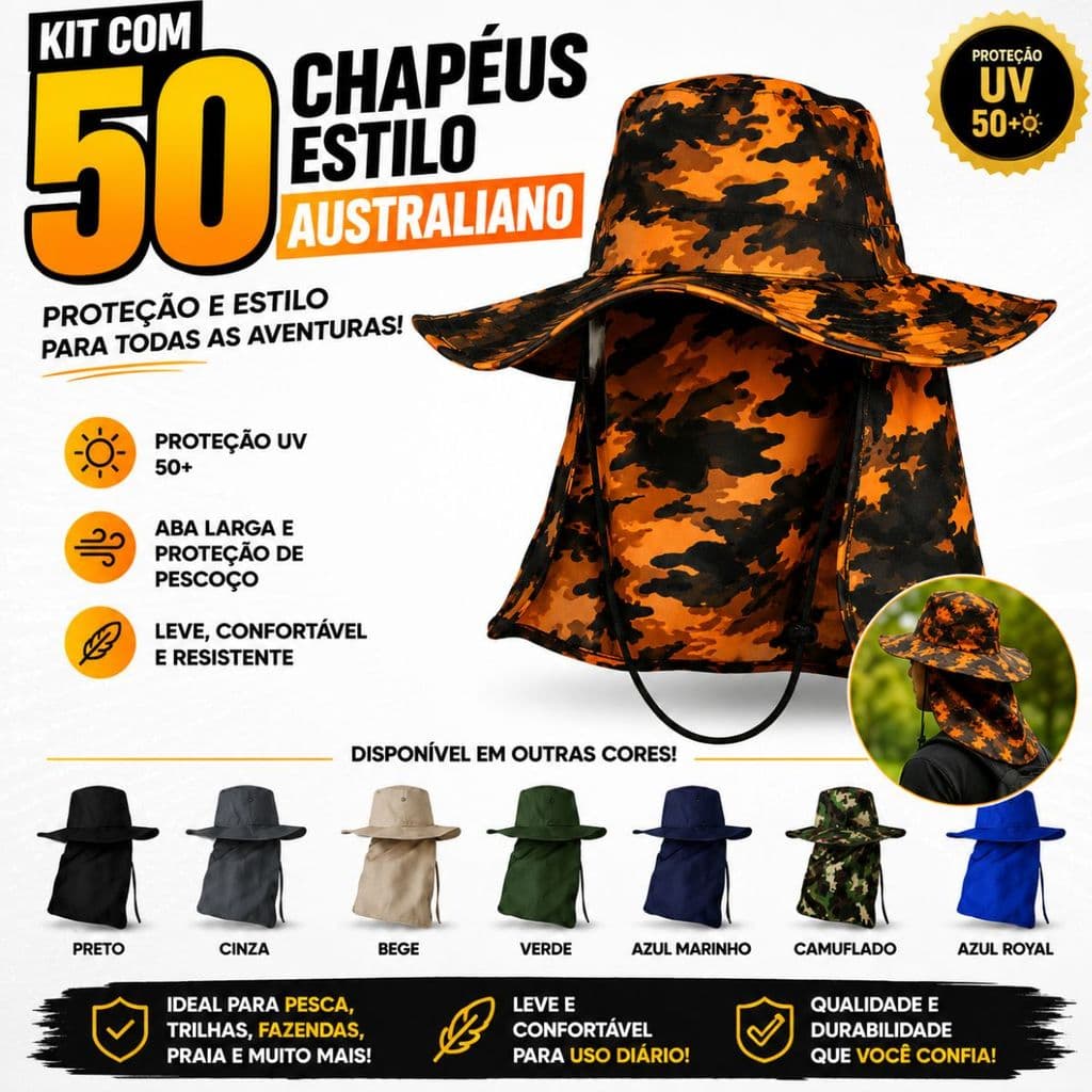 Kit 50 Chapéus Australianos com Protetor de Pescoço – Proteção para Sol em Pesca, Camping, Trabalho, Trilhas e Lazer