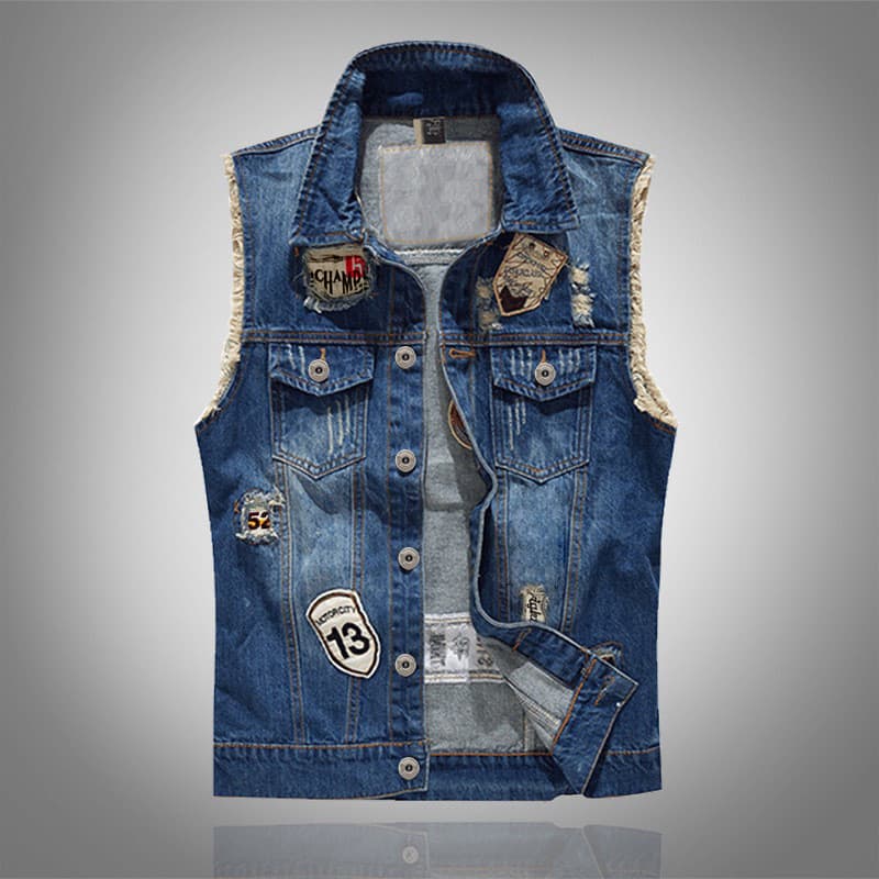 Versátil Diário Festa Roupa De Viagem Masculina Casual Sem Mangas Denim Colete Motocicleta Botão Streetwear
