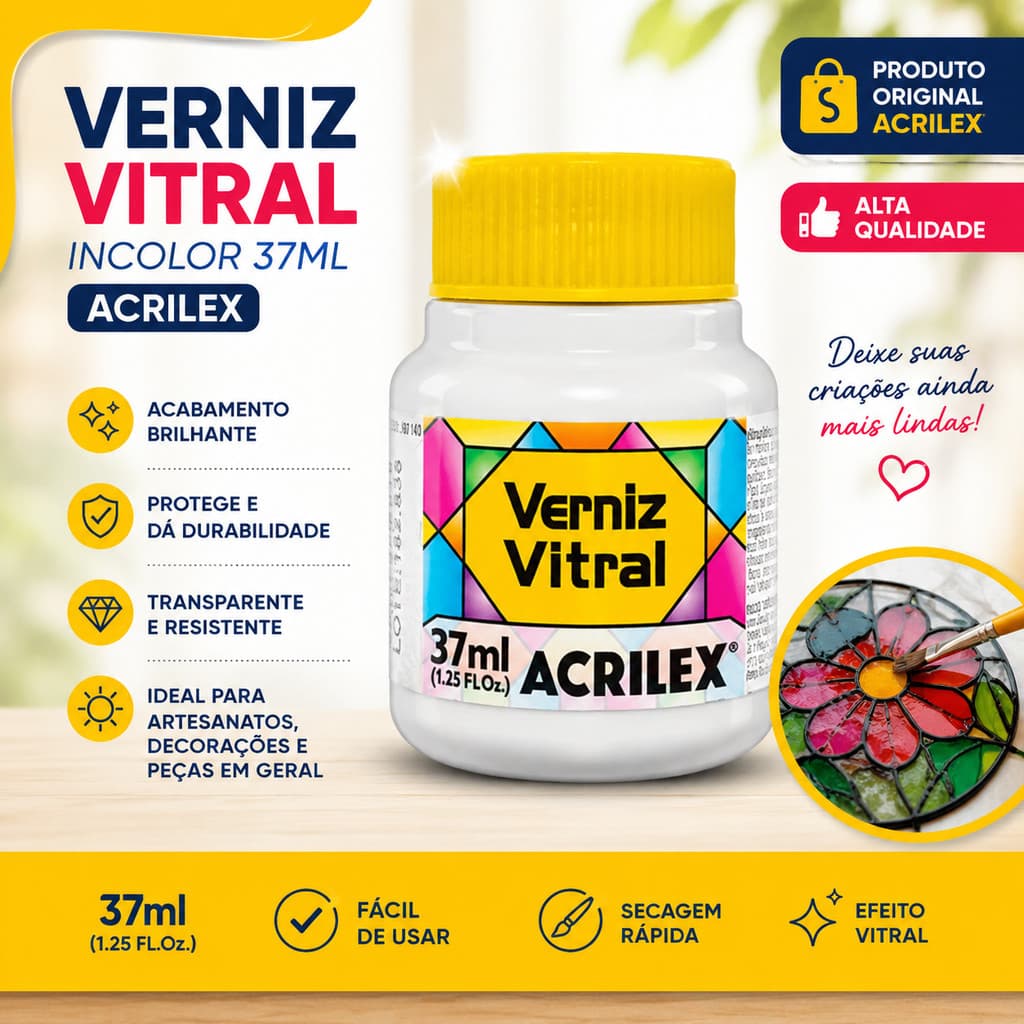 Verniz Vitral Acrilex - 37ml - Acabamento Transparente e Brilhante para vidro, cerâmica, porcelana Original Promoção