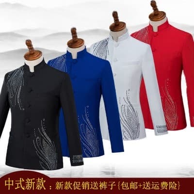 Novo terno de gola alta fino-ajuste brilhante diamante palco coro desempenho vestido masculino cantor anfitrião traje ce