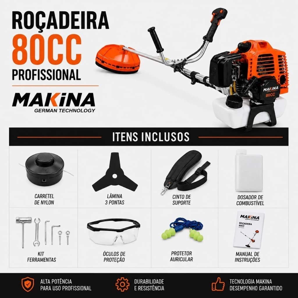 Roçadeira Gasolina Cortador Aparador de Grama Makina 80cc 2t Alta Performace e Qualidade