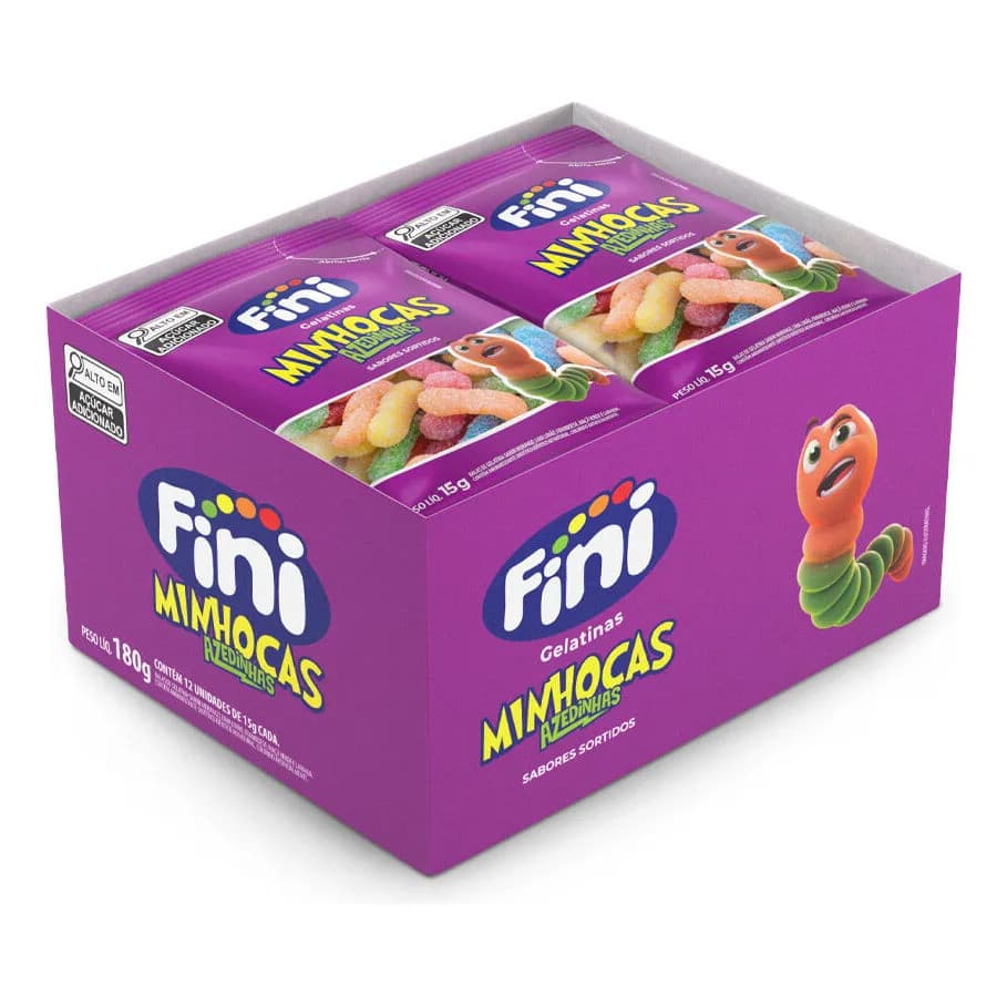 Caixa Com 12 Fini Minhocas Azedinhas Bala De Gelatina De 15g