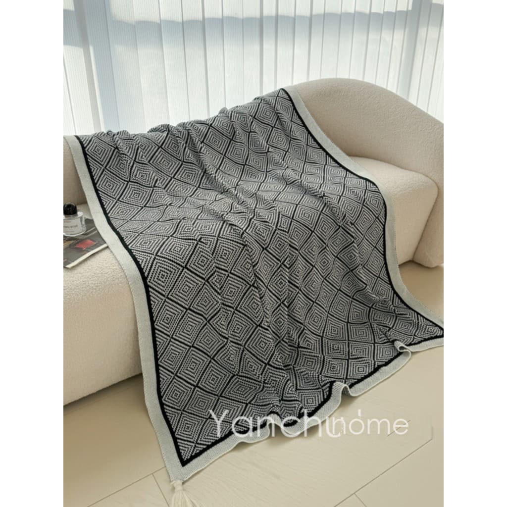 Preto branco geométrico borla cobertor de malha luz luxo macio sofá cobertor único almoço Break cobertor Retro xale