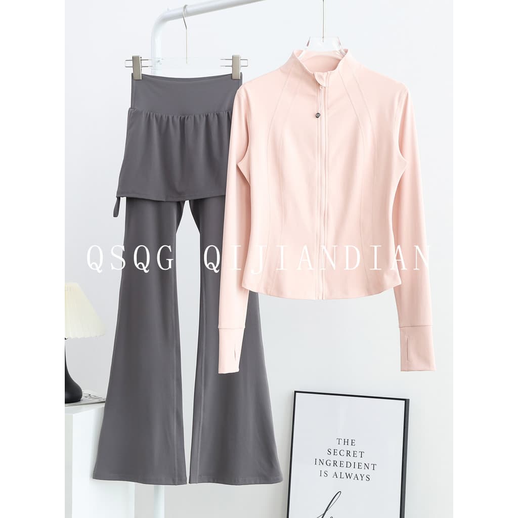 Roupa de Fitness terno feminino gola alta fino-ajuste jaqueta esportiva falso de duas peças Micro-calças Pilates Yoga we