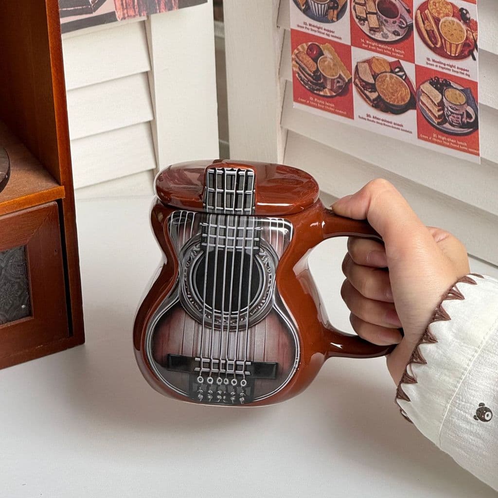 Guitarra com tampa copo de cerâmica grande capacidade criativo copo de água xícara de café instrumento musical copo pres