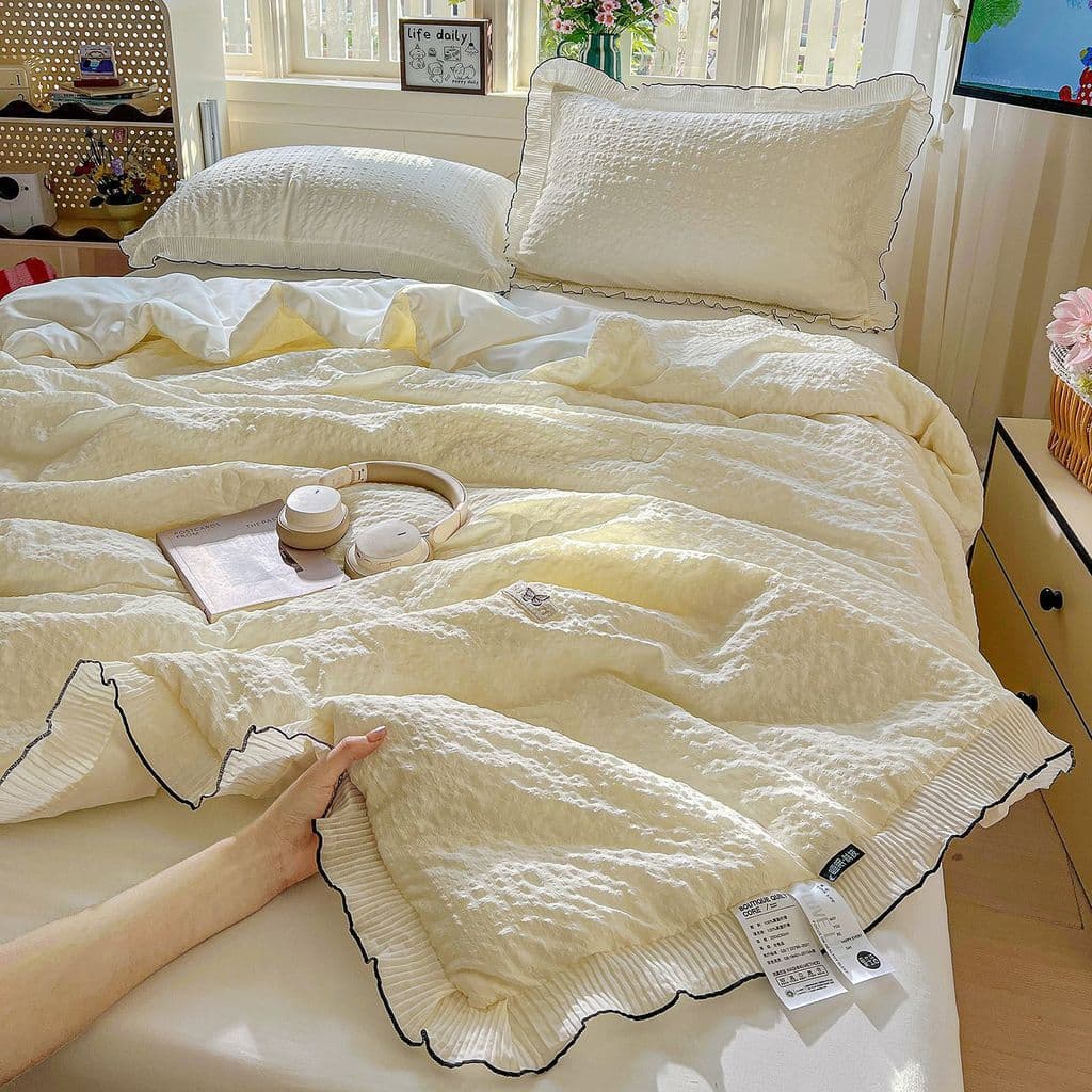 Ins estilo creme Seersucker verão fresco ar condicionado colcha algodão conjunto de quatro peças cor sólida Nude dormir