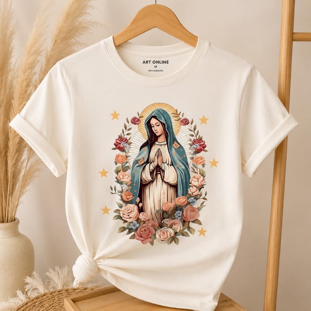 Camiseta 100% Algodão Feminina Nossa Senhora de Guadalupe Estampa Religiosa