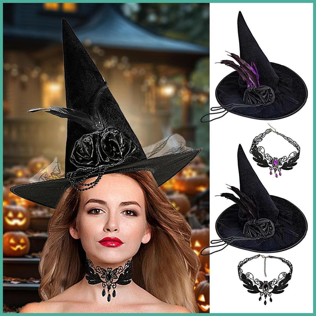 Chapéus De Bruxa Para Mulheres , Chapéu De Renda De Veludo , Colar Com Pedras Preciosas De Halloween Pontiagudo Meninas