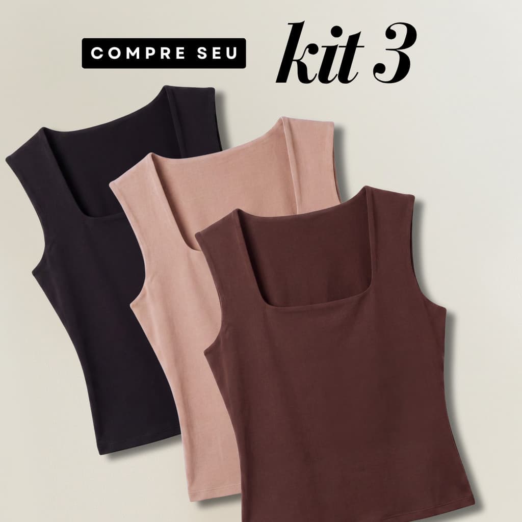 Kit 3 Blusas Regata Feminina Decote Quadrado Elegante Básica Casual Alça Grossa