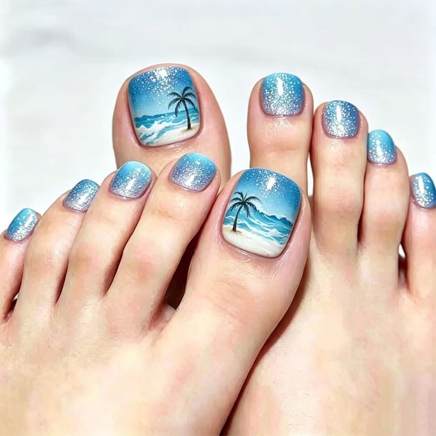 24 unhas curtas e brilhantes para a primavera e o verão, decoradas com oceano azul, coqueiros e glitter para o ambiente