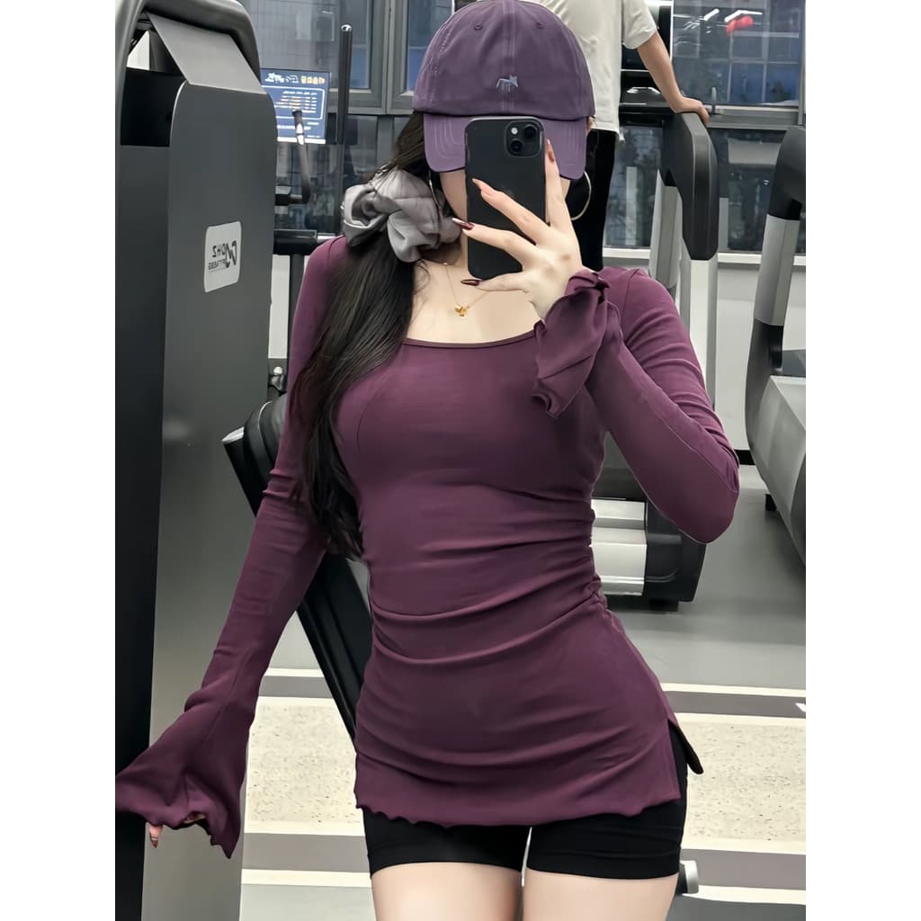 Oxigênio menina Yoga Wear manga comprida Fitness trompete manga esportes camiseta feminina magro-ajuste mais magro olhar