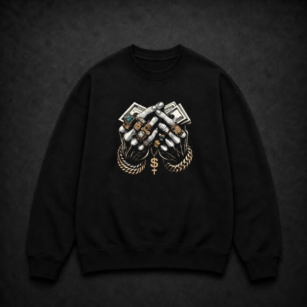 Moletom Careca Gola Redonda Estampado Mãos Luxuosas Gangstar Streetwear Premium Unissex Bt1175
