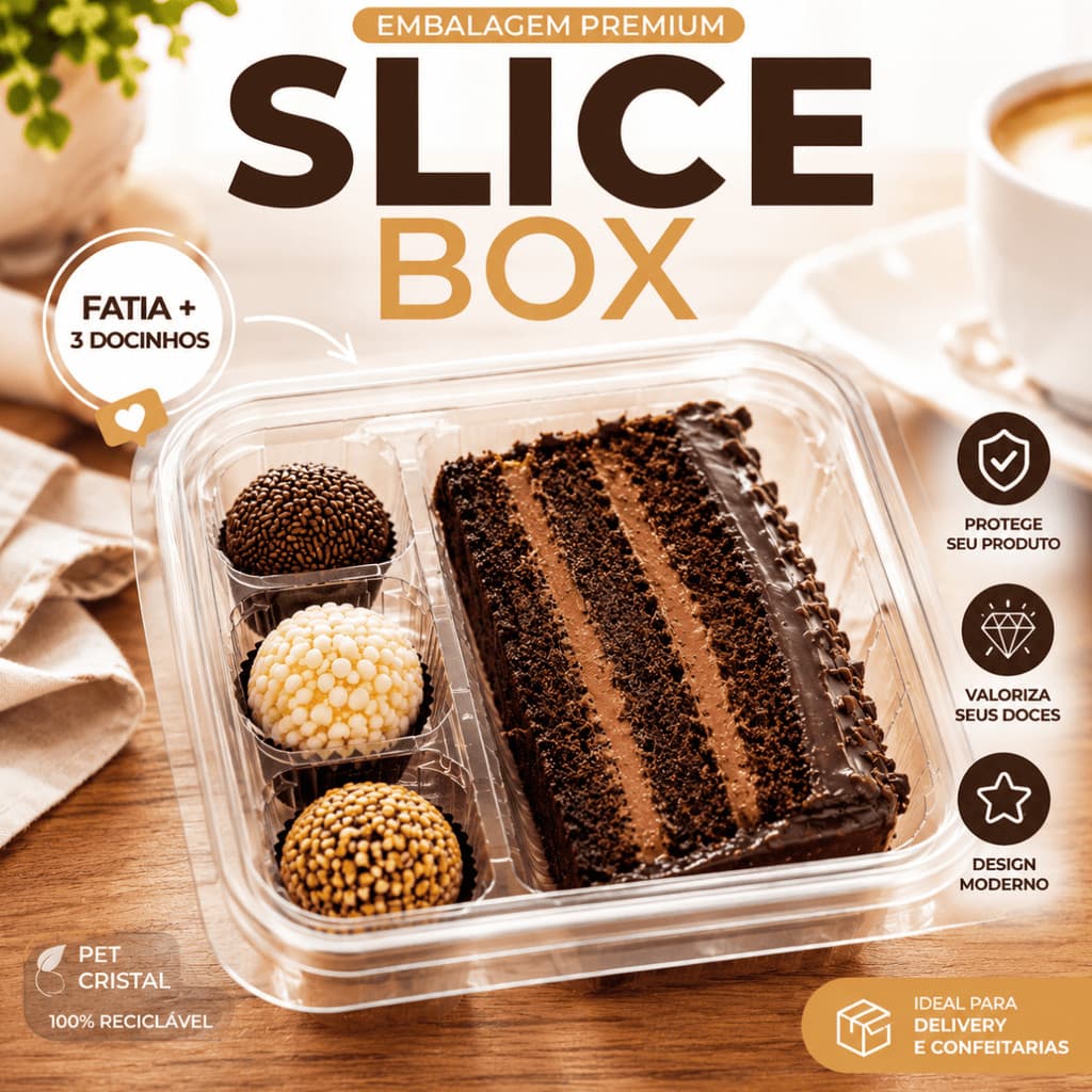 Kit 5,10 Ou 25 Unidades Porta Fatias + 3 Docinhos Slice Box Embalagem Transparente para Bolo e 3 Doces Confeitaria Festa
