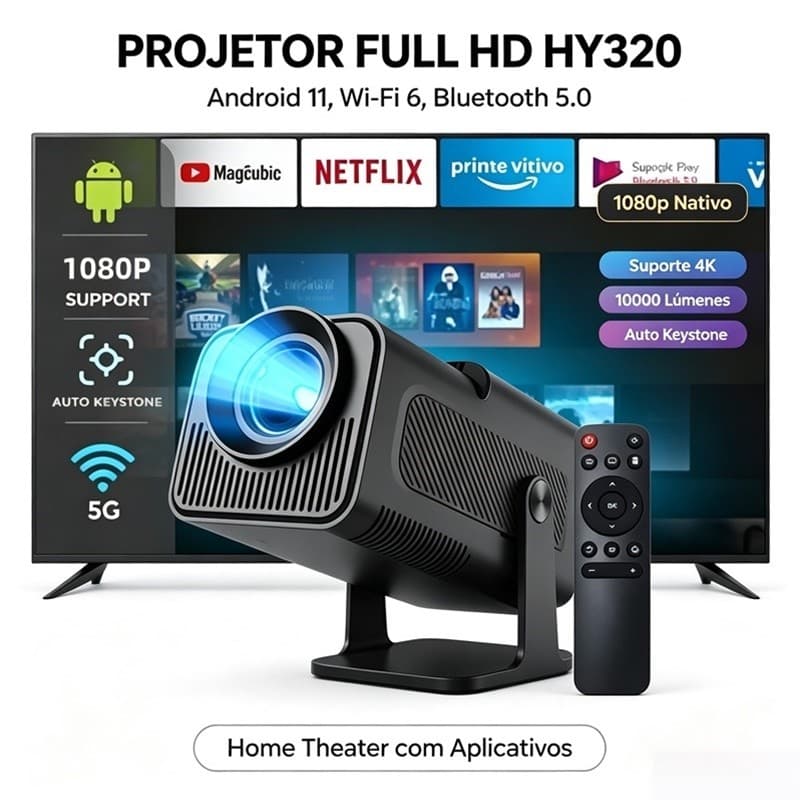 Projetor Inteligente Hy320 Pró Modelo Grande HD 1920x1080 5G Smart 4K Wifi 6 Bluetooth 5.0 Android 11 janoclick