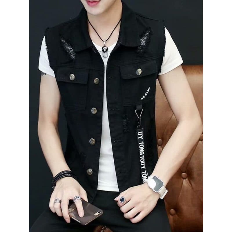 Colete jeans masculino na moda versão coreana verão rasgado novo estilo único sem mangas colete jaqueta masculina roupas