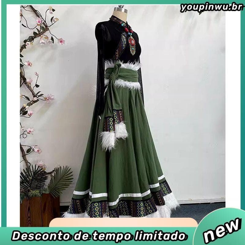 Novo estilo traje de dança tibetana divisão grande balanço saia traje tibetano minoria étnica prática traje arte exame P