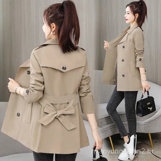 2023 Primavera Outono Com Cinto Trench Coat Feminino Fino Manga Comprida Curto Blusão .