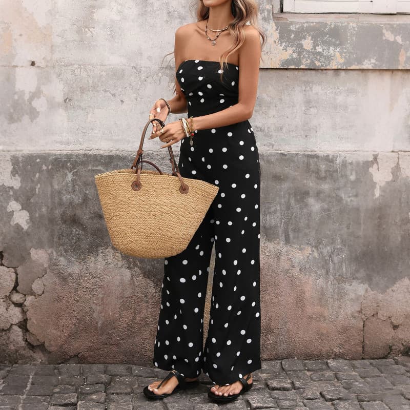 Mulheres novo estilo férias macacão Polka Dot tubo superior cintura alta perna larga macacão calças