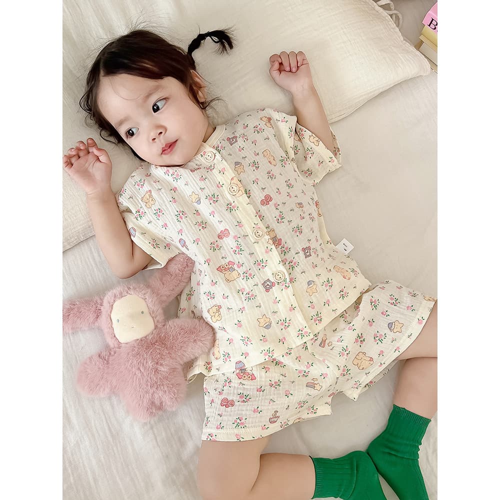 Verão puro algodão meninas pijamas conjunto fio de algodão crianças Homewear Cardigan Shorts de manga curta bebê gaze es