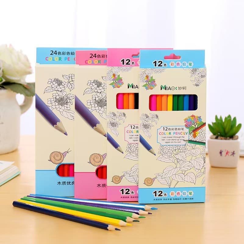 Lápis de cor em caixa para desenho e coloração manual por parte dos alunos, materiais de arte com 12 e 24 cores.