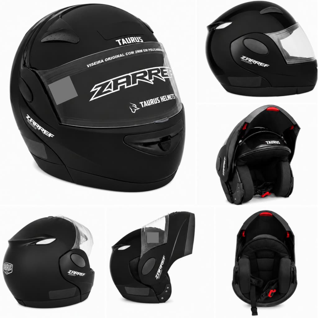 Capacete Zarref Articulado Escamoteável Preto Fosco/Brilho