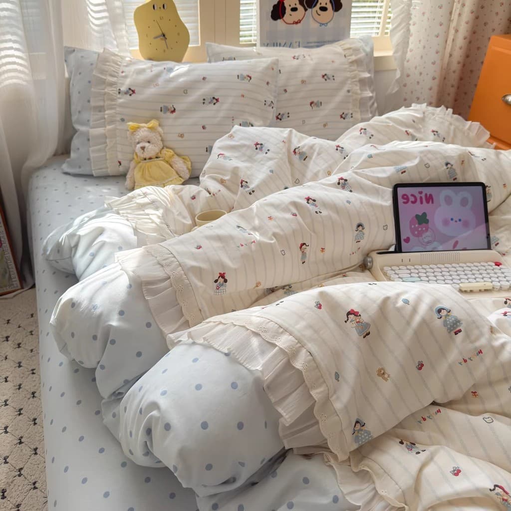 Diário de menina coreana todo algodão costura renda artesanato estilo puro algodão conjunto de quatro peças fresco dormi